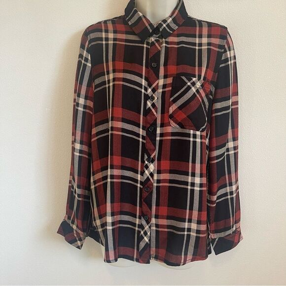 NWT Beachlunchlounge Charley Plaid Button Down Shirt Size Large Black Coffee - Picture 1 of 6
